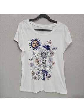 Cowboy Skeleton Graphic Tee With Sun Flowers & Butterflies White Social Edition